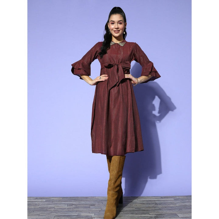 Yufta Women Maroon Cotton Lurex A-Line Belted Dress