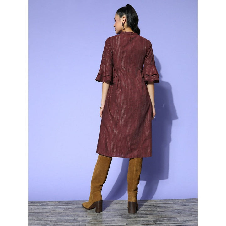 Yufta Women Maroon Cotton Lurex A-Line Belted Dress