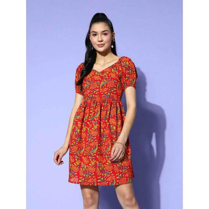 Yufta Women Red Printed Fit and Flare Dress