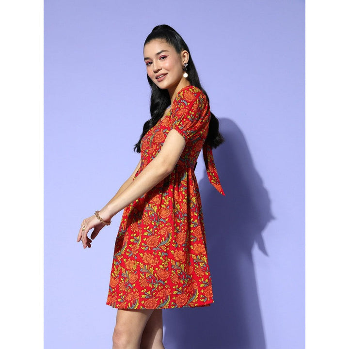 Yufta Women Red Printed Fit and Flare Dress