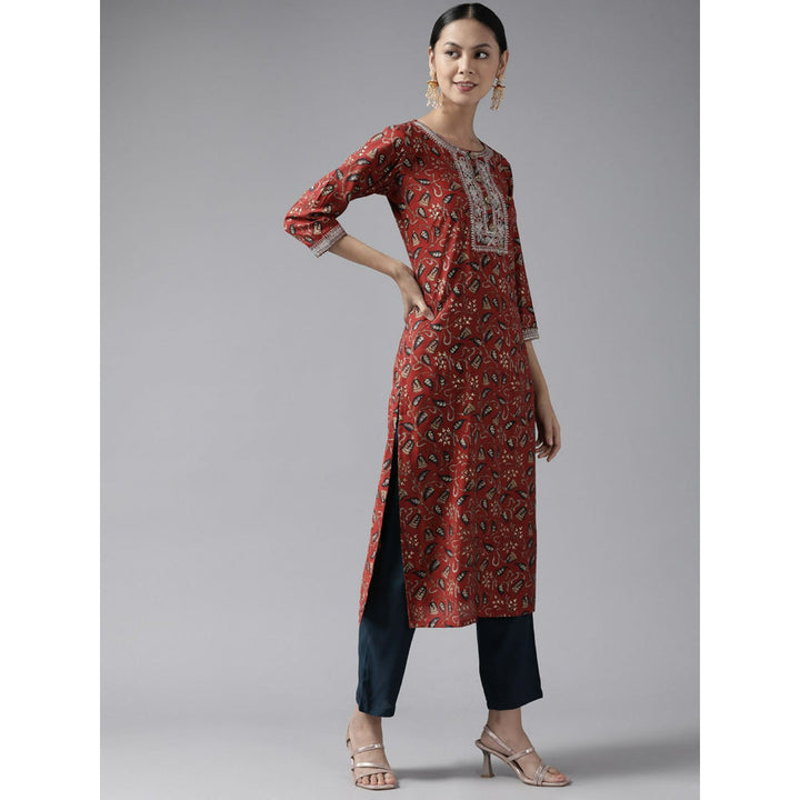 Yufta Women Rust Floral Straight Kurta Trousers and Dupatta (Set of 3)