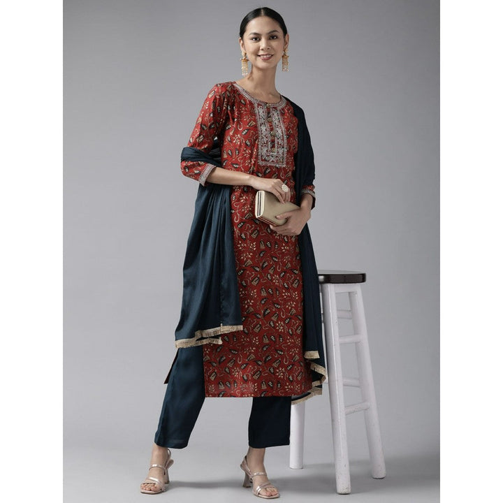 Yufta Women Rust Floral Straight Kurta Trousers and Dupatta (Set of 3)