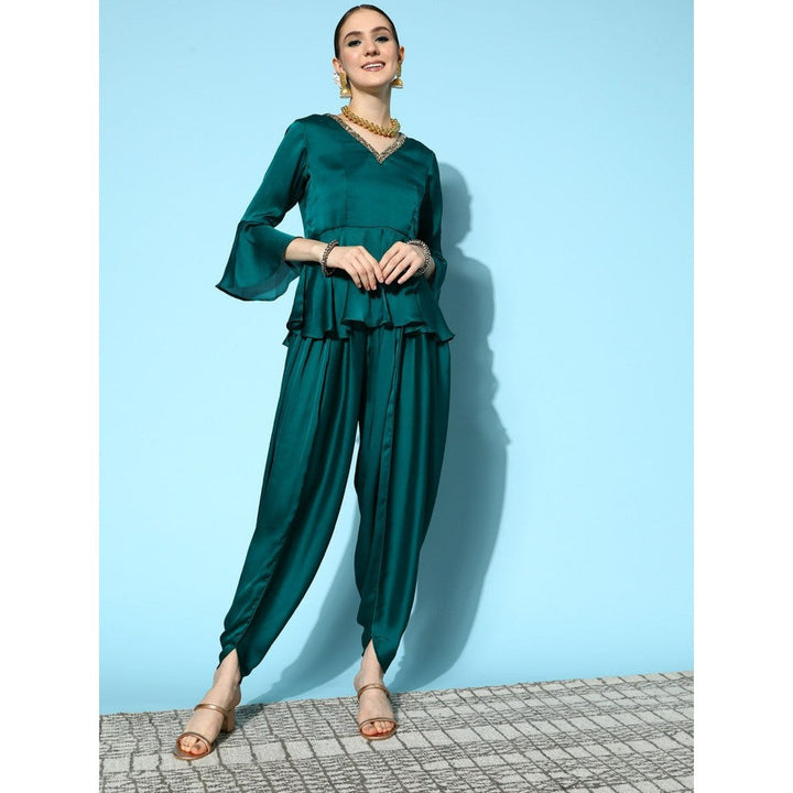 Yufta Women Teal Green Solid Peplum Dhoti Pants Co-Ord (Set of 2)