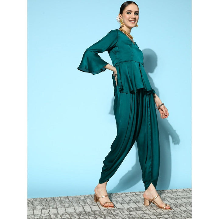 Yufta Women Teal Green Solid Peplum Dhoti Pants Co-Ord (Set of 2)