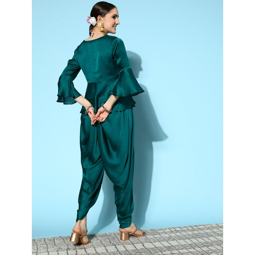 Yufta Women Teal Green Solid Peplum Dhoti Pants Co-Ord (Set of 2)