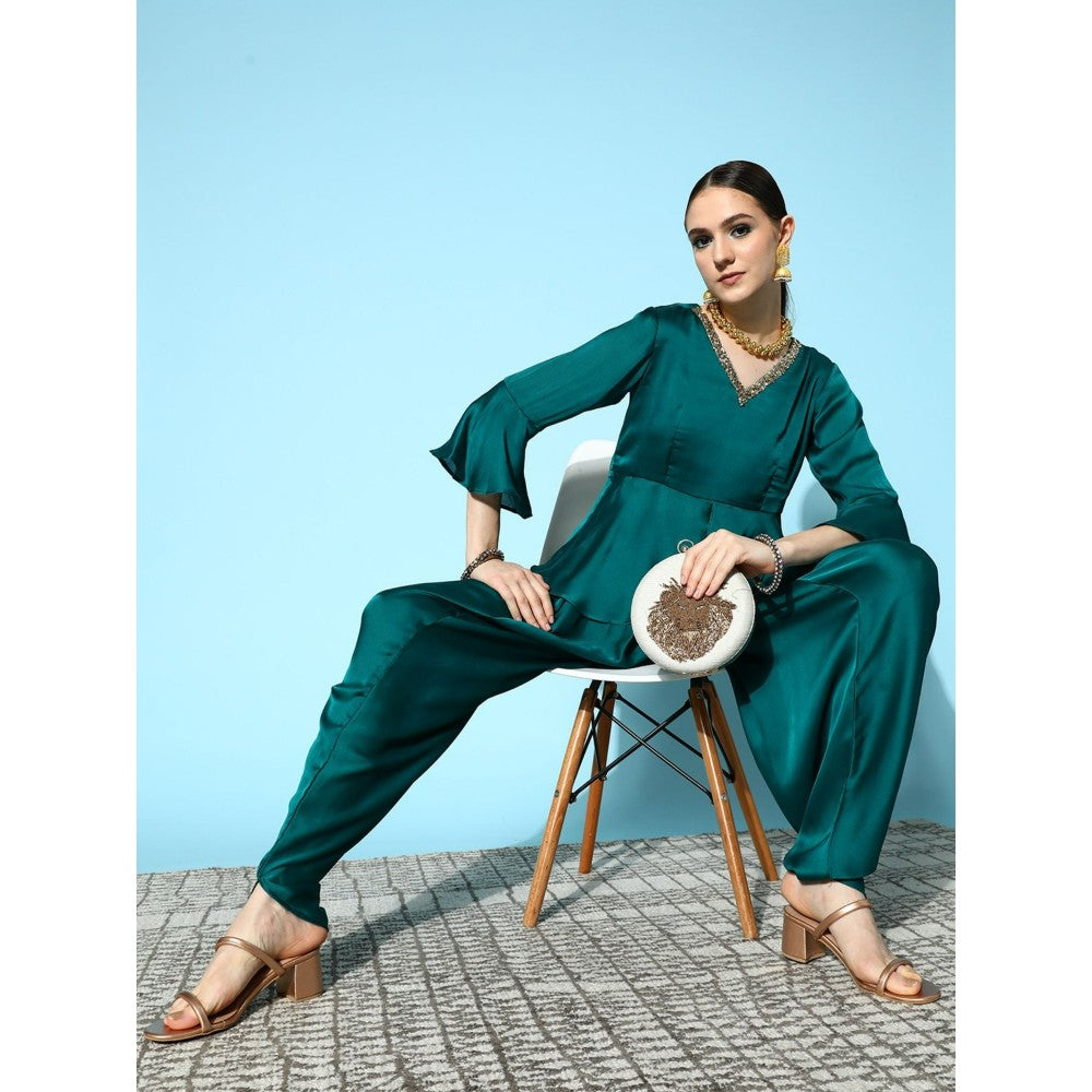 Yufta Women Teal Green Solid Peplum Dhoti Pants Co-Ord (Set of 2)