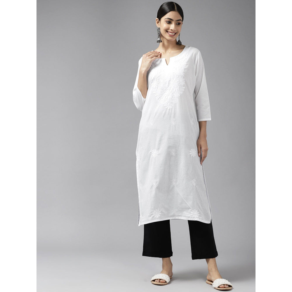 Yufta Women White Floral Chikankari Kurta