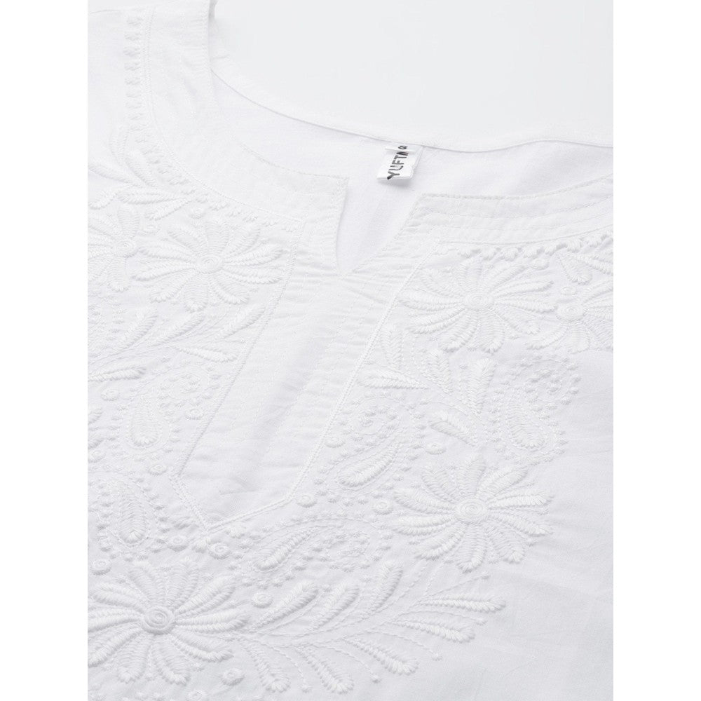 Yufta Women White Floral Chikankari Kurta