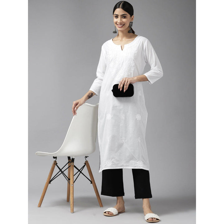 Yufta Women White Floral Chikankari Kurta