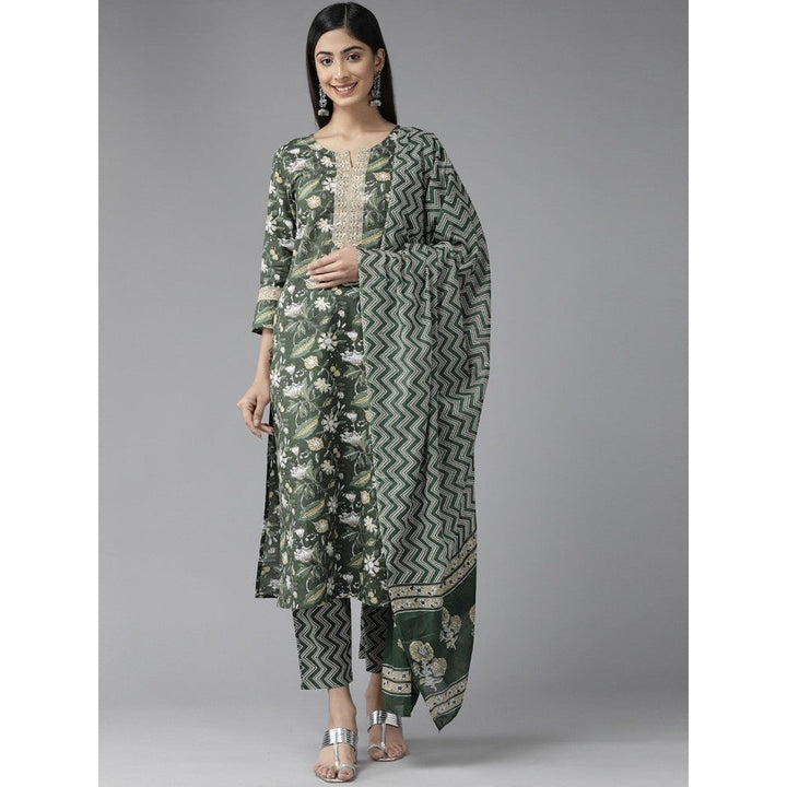 Yufta Women Green Floral Straight Kurta Trouser and Dupatta (Set of 3)