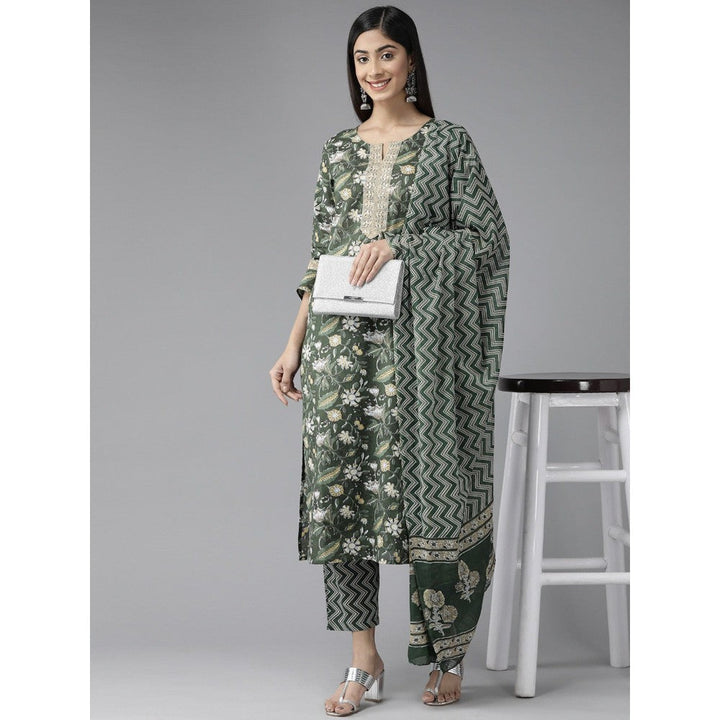 Yufta Women Green Floral Straight Kurta Trouser and Dupatta (Set of 3)