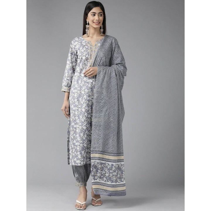 Yufta Women Grey Floral Straight Kurta Harem Pants and Dupatta (Set of 3)