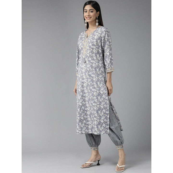 Yufta Women Grey Floral Straight Kurta Harem Pants and Dupatta (Set of 3)