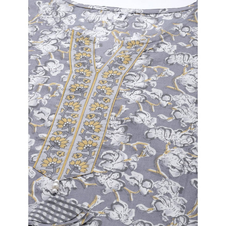 Yufta Women Grey Floral Straight Kurta Harem Pants and Dupatta (Set of 3)