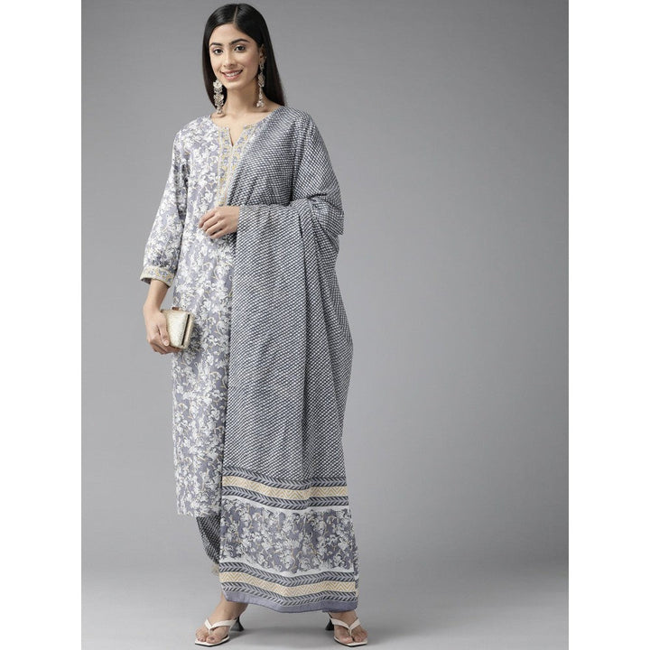 Yufta Women Grey Floral Straight Kurta Harem Pants and Dupatta (Set of 3)