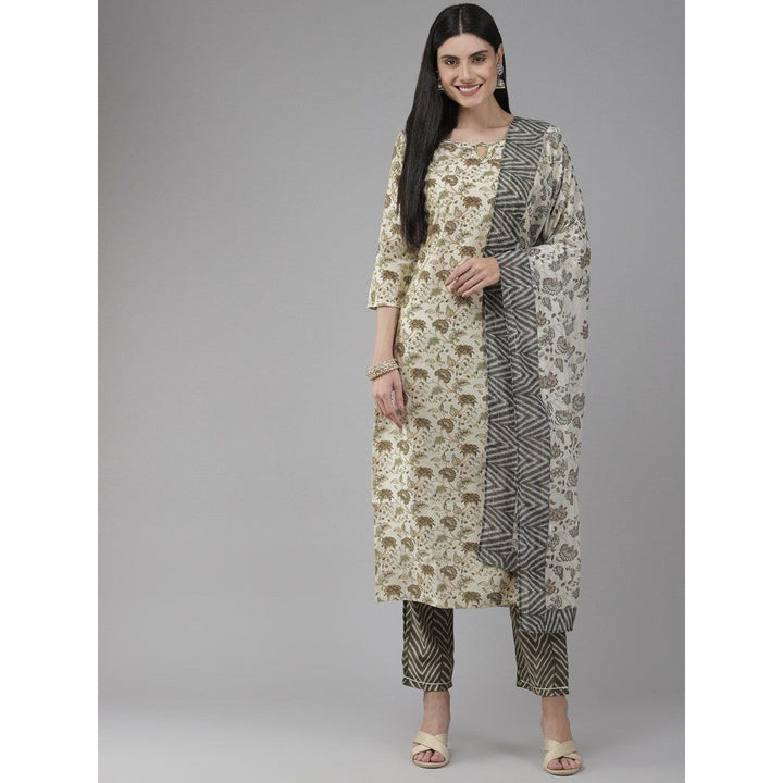 Yufta Women Beige and Olive Hand Work on Yoke Muslin Kurta with Trouser & Dupatta (Set of 3)