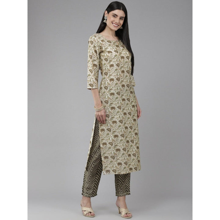 Yufta Women Beige and Olive Hand Work on Yoke Muslin Kurta with Trouser & Dupatta (Set of 3)