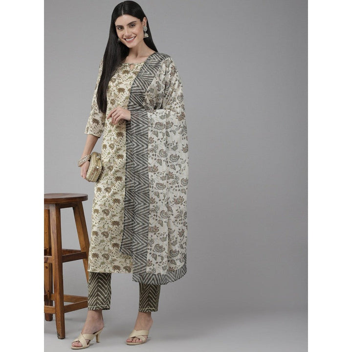 Yufta Women Beige and Olive Hand Work on Yoke Muslin Kurta with Trouser & Dupatta (Set of 3)