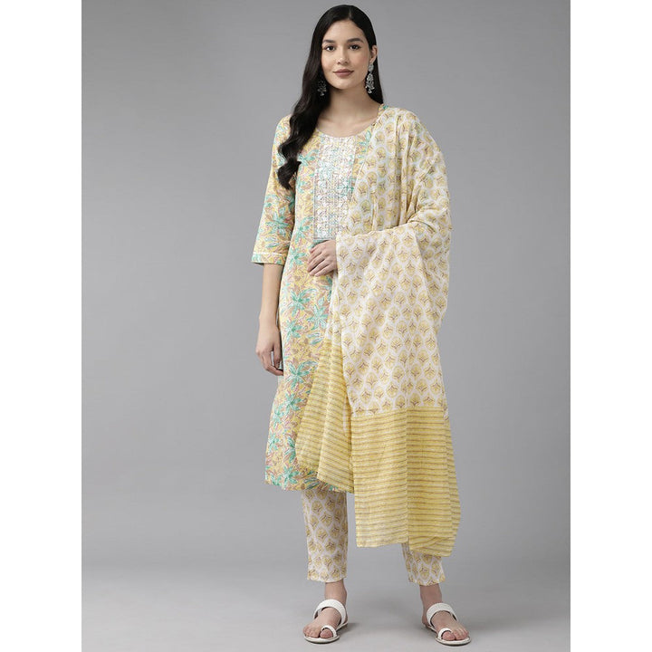 Yufta Yellow Cotton Printed Kurta Dupatta (Set of 3)