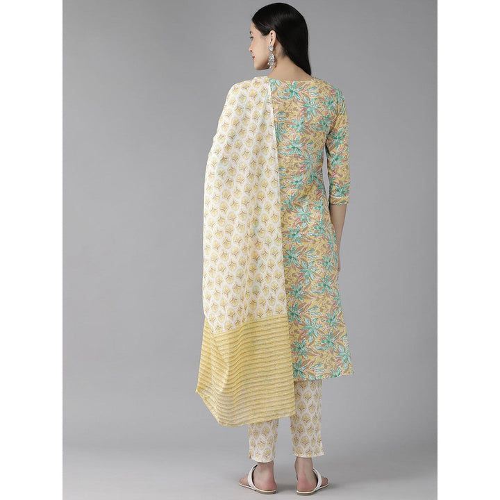 Yufta Yellow Cotton Printed Kurta Dupatta (Set of 3)