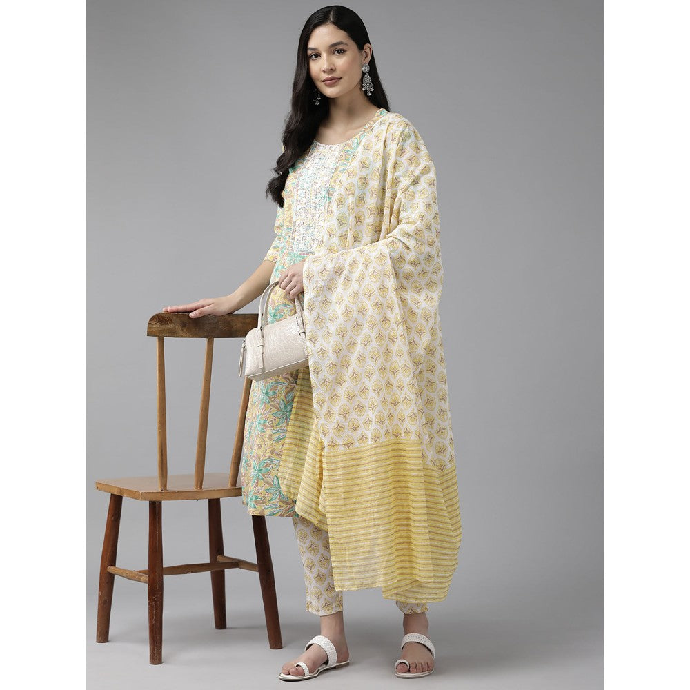 Yufta Yellow Cotton Printed Kurta Dupatta (Set of 3)