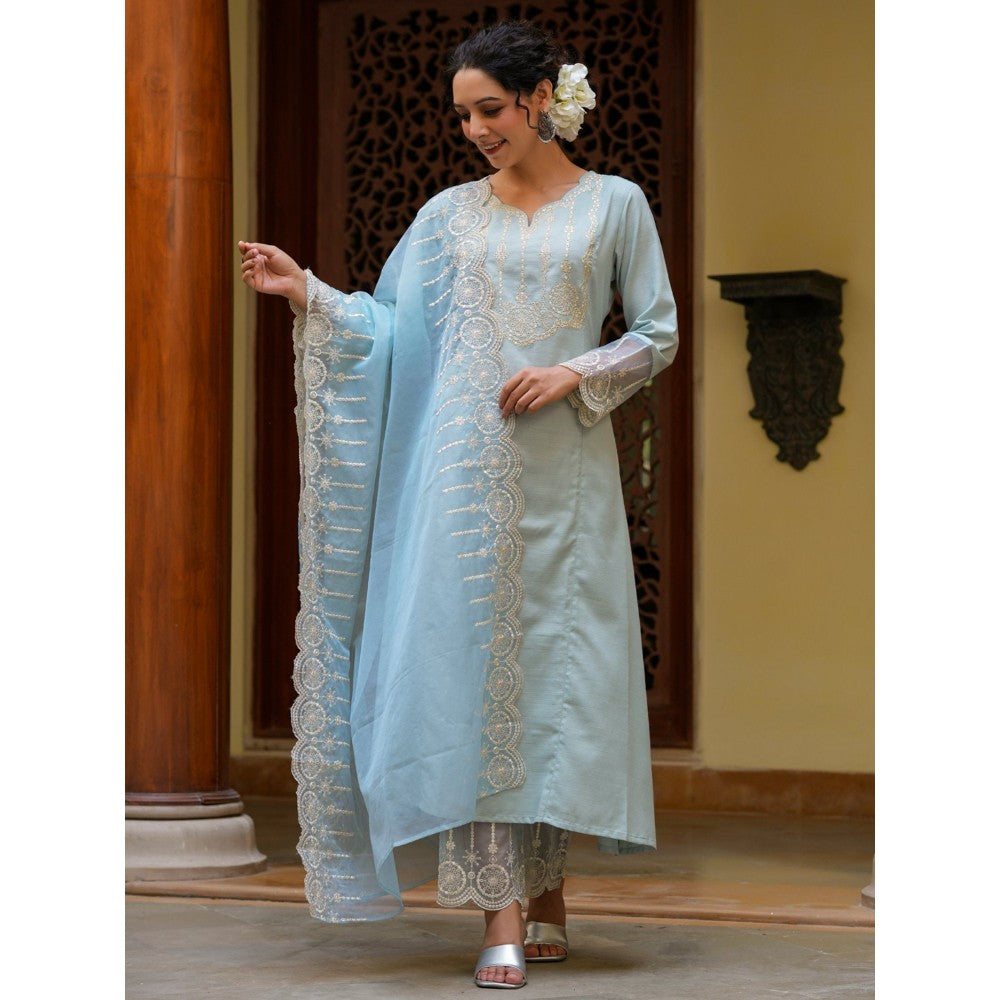 Yufta Sky Blue Kurta Dupatta (Set of 3)