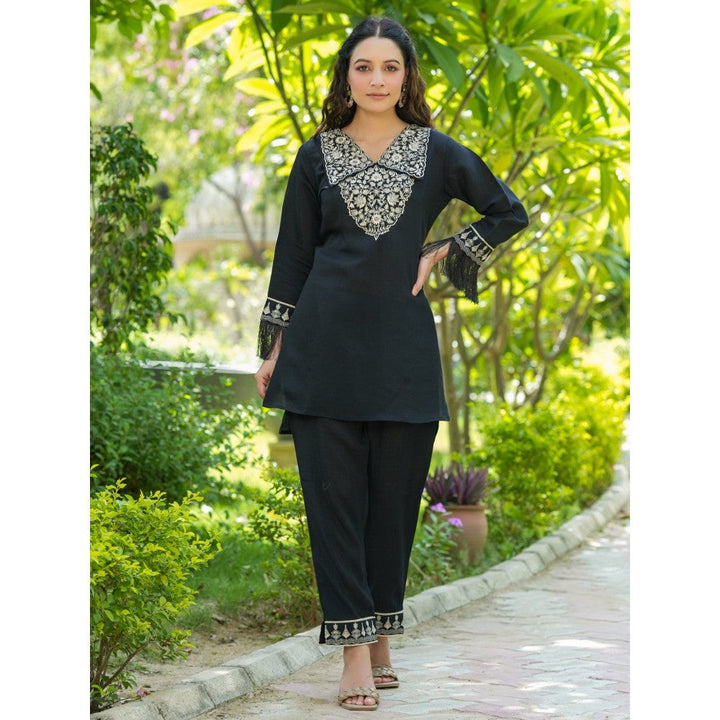 Yufta Black Embroidered Shirt and Trouser Co-Ords (Set of 2)