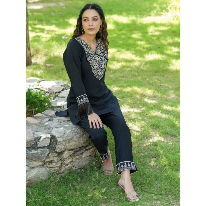 Yufta Black Embroidered Shirt and Trouser Co-Ords (Set of 2)