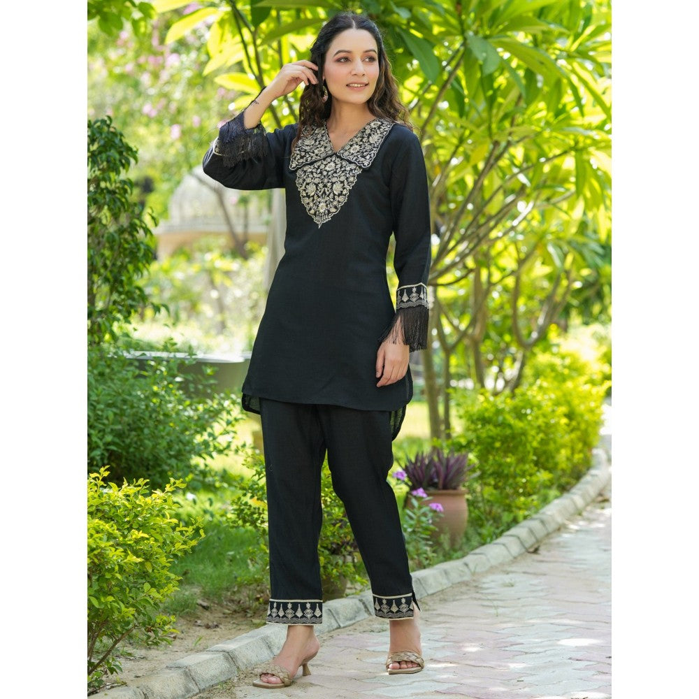 Yufta Black Embroidered Shirt and Trouser Co-Ords (Set of 2)