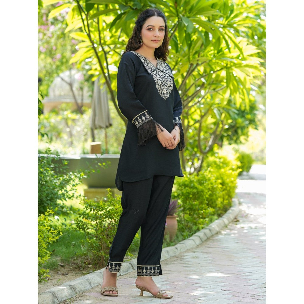 Yufta Black Embroidered Shirt and Trouser Co-Ords (Set of 2)