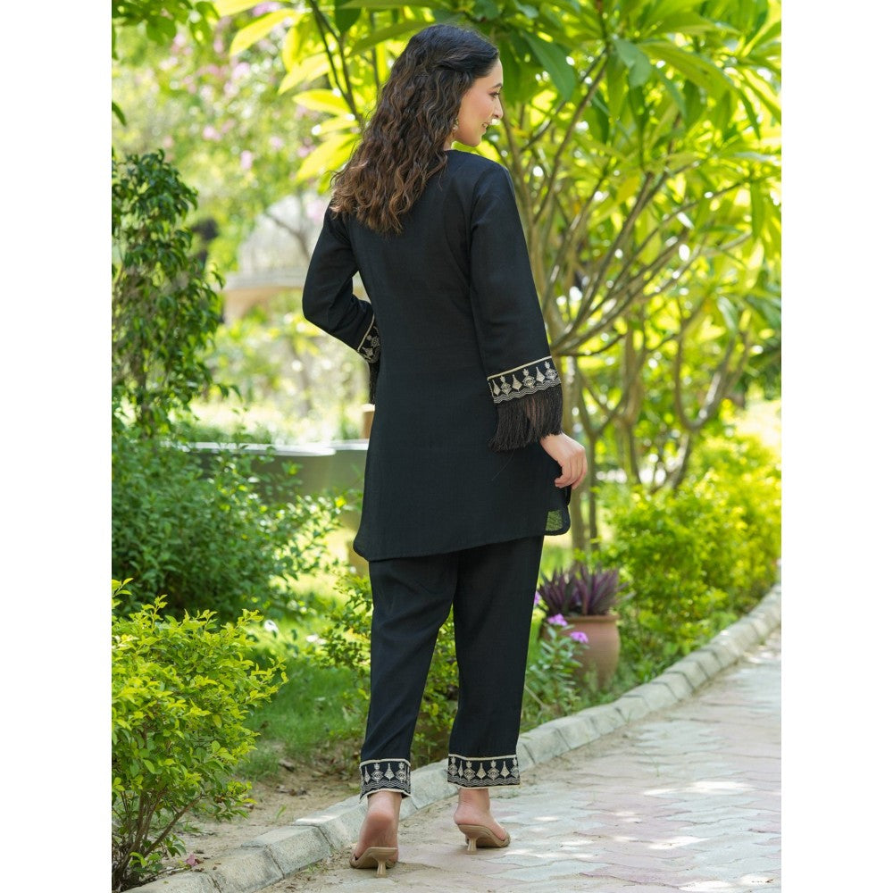 Yufta Black Embroidered Shirt and Trouser Co-Ords (Set of 2)