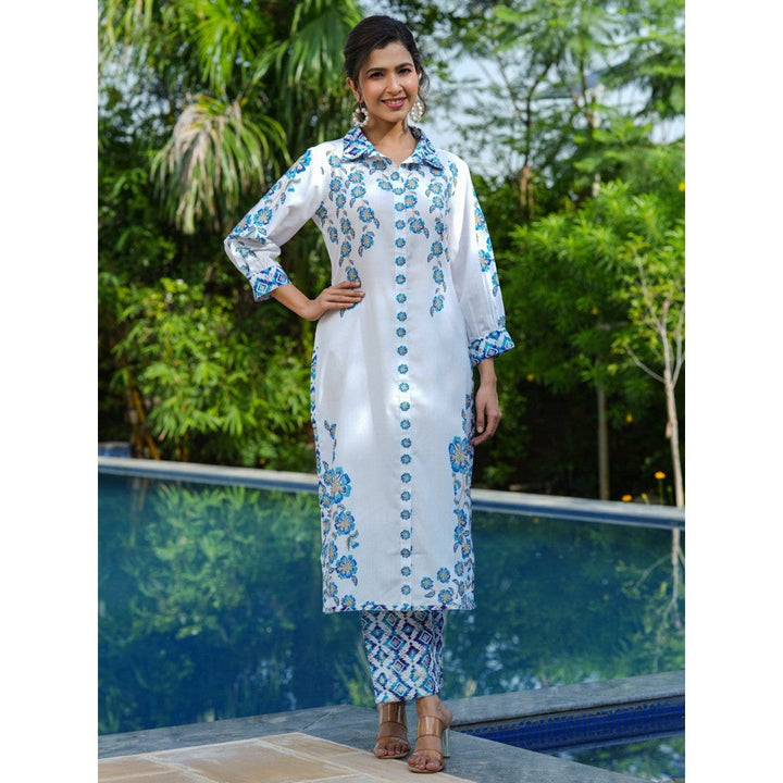 Yufta Blue and White Floral Print Tunic and Trouser Co-Ords (Set of 2)