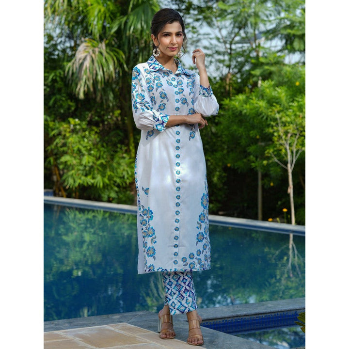 Yufta Blue and White Floral Print Tunic and Trouser Co-Ords (Set of 2)