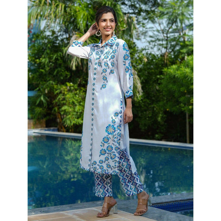 Yufta Blue and White Floral Print Tunic and Trouser Co-Ords (Set of 2)