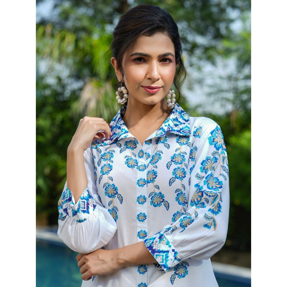 Yufta Blue and White Floral Print Tunic and Trouser Co-Ords (Set of 2)