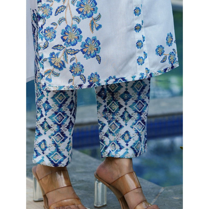 Yufta Blue and White Floral Print Tunic and Trouser Co-Ords (Set of 2)