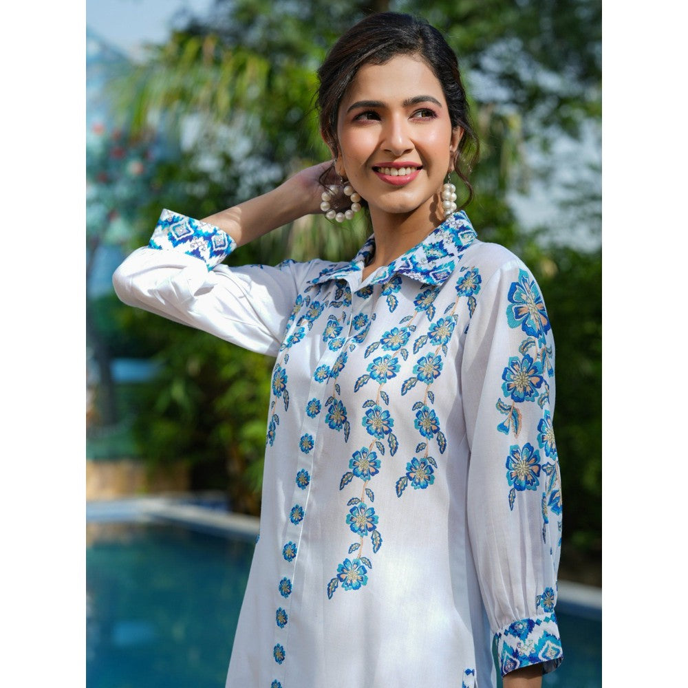 Yufta Blue and White Floral Print Tunic and Trouser Co-Ords (Set of 2)