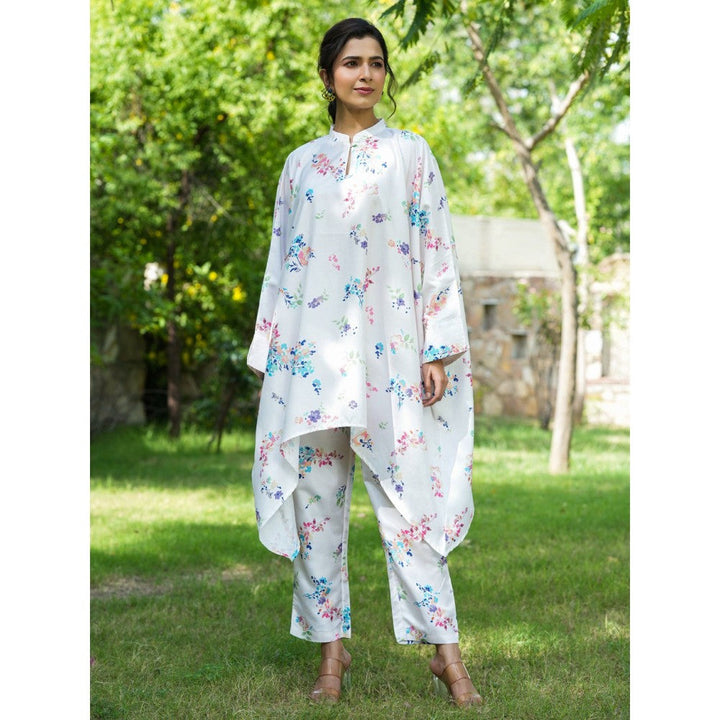 Yufta White Floral Print Oversized Asymmetric Co Ord (Set of 2)