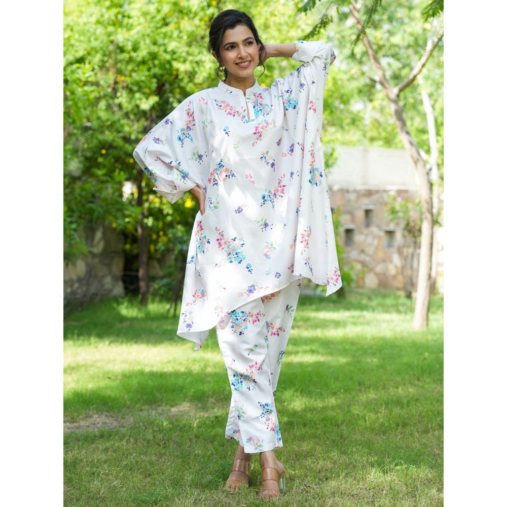 Yufta White Floral Print Oversized Asymmetric Co Ord (Set of 2)