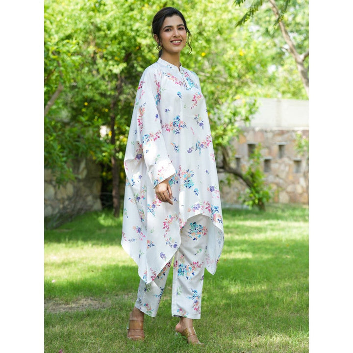 Yufta White Floral Print Oversized Asymmetric Co Ord (Set of 2)