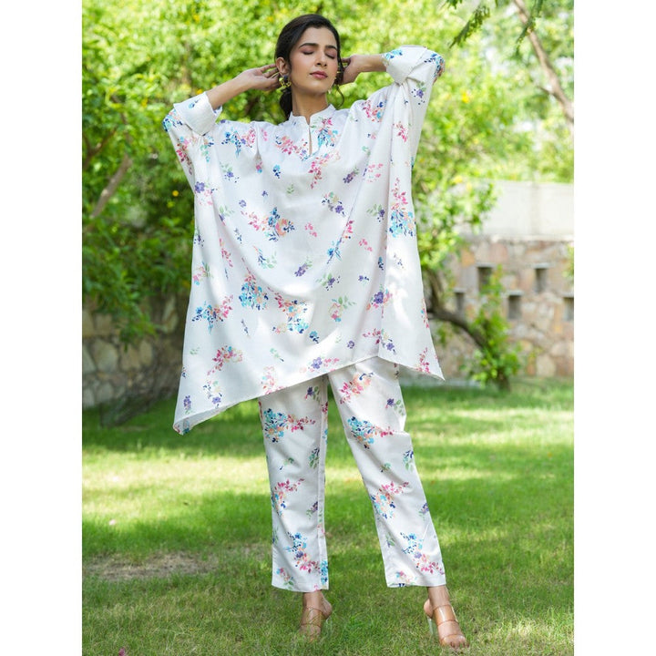 Yufta White Floral Print Oversized Asymmetric Co Ord (Set of 2)