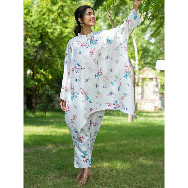 Yufta White Floral Print Oversized Asymmetric Co Ord (Set of 2)