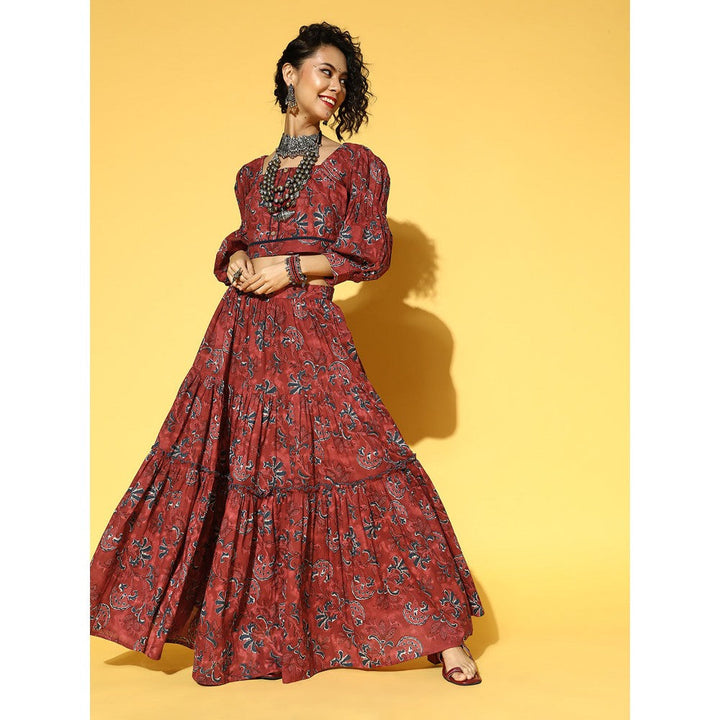 Yufta Women Maroon And Navy Blue Printed Pure Cotton Top And Skirt Co-Ord (Set of 2)