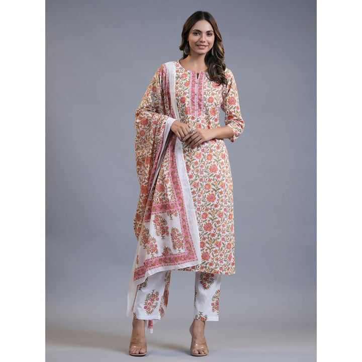 Yufta Women White And Peach Floral Straight Kurta Pant And Dupatta (Set of 3)