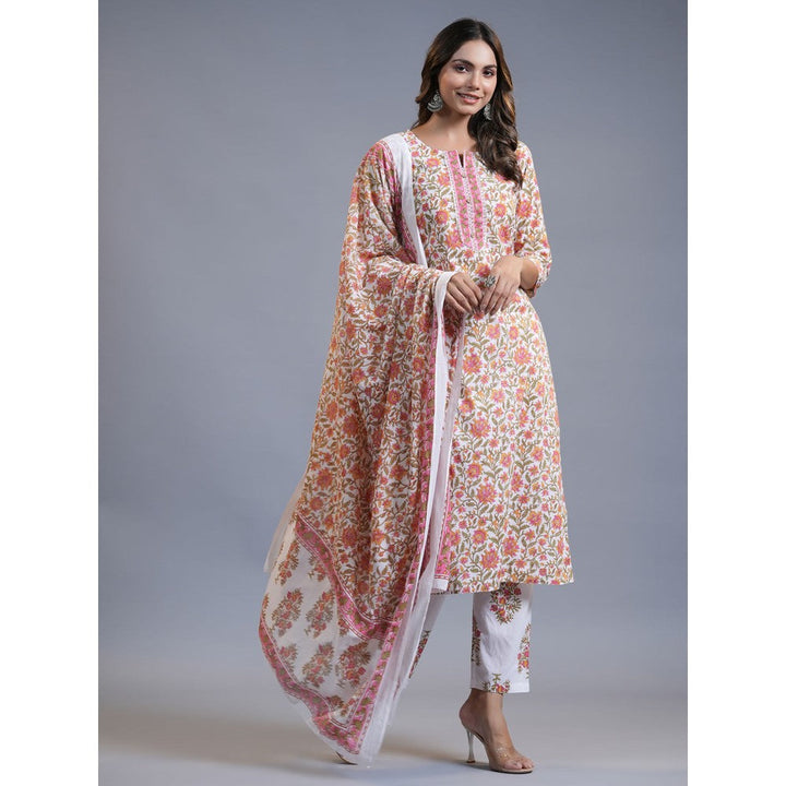 Yufta Women White And Peach Floral Straight Kurta Pant And Dupatta (Set of 3)