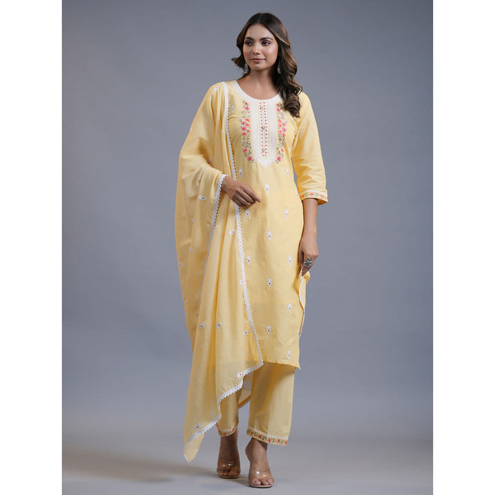 Yufta Women Yellow Embroidery Straight Kurta Pant And Dupatta (Set of 3)