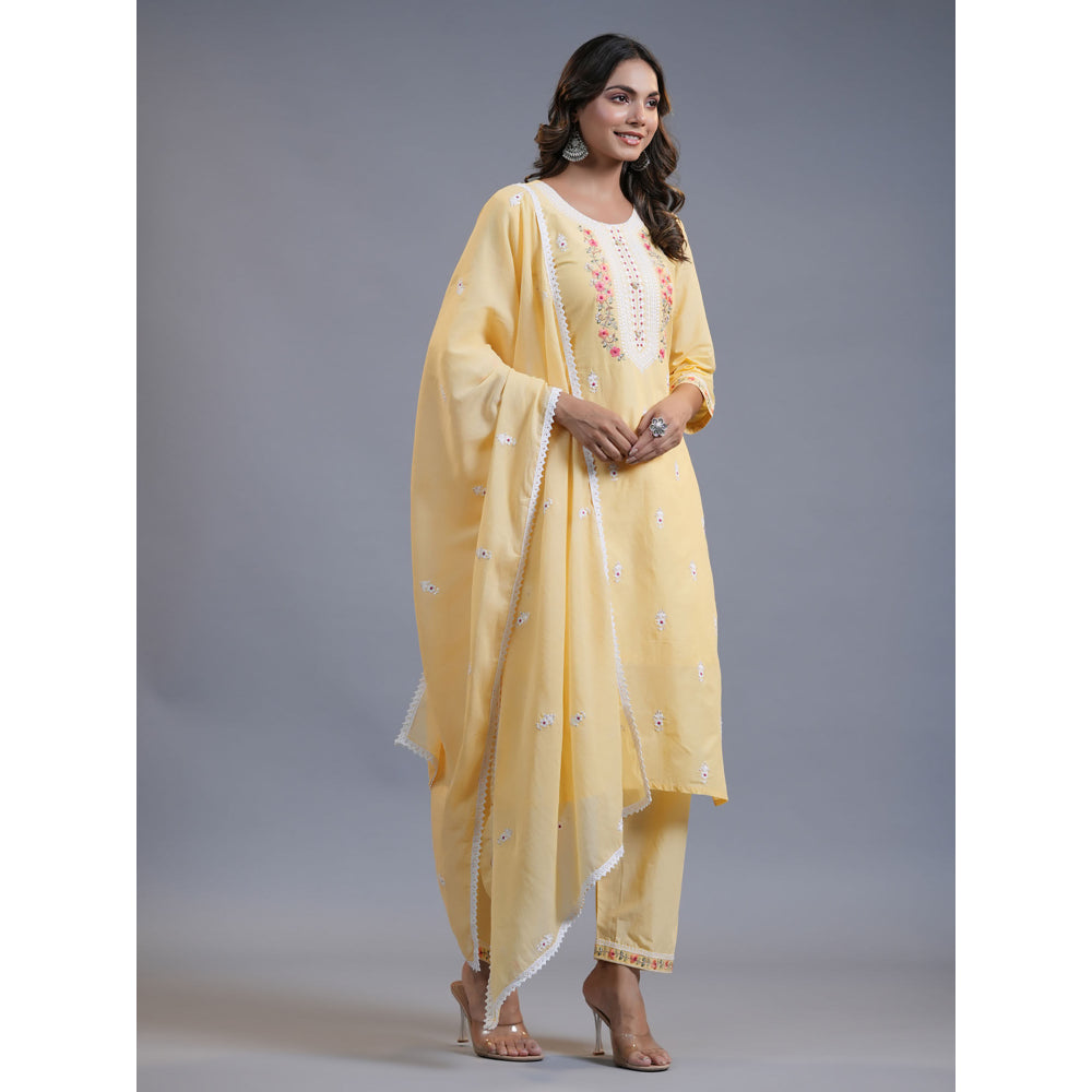 Yufta Women Yellow Embroidery Straight Kurta Pant And Dupatta (Set of 3)