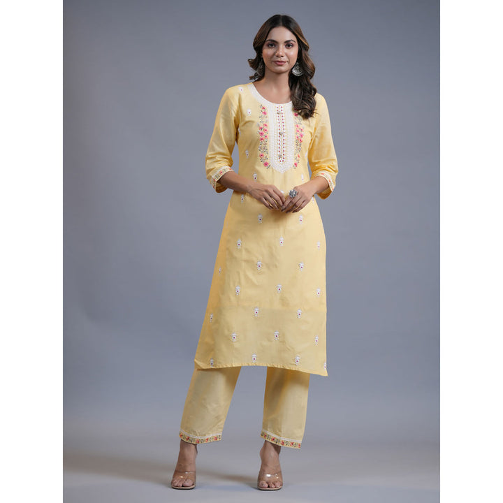 Yufta Women Yellow Embroidery Straight Kurta Pant And Dupatta (Set of 3)