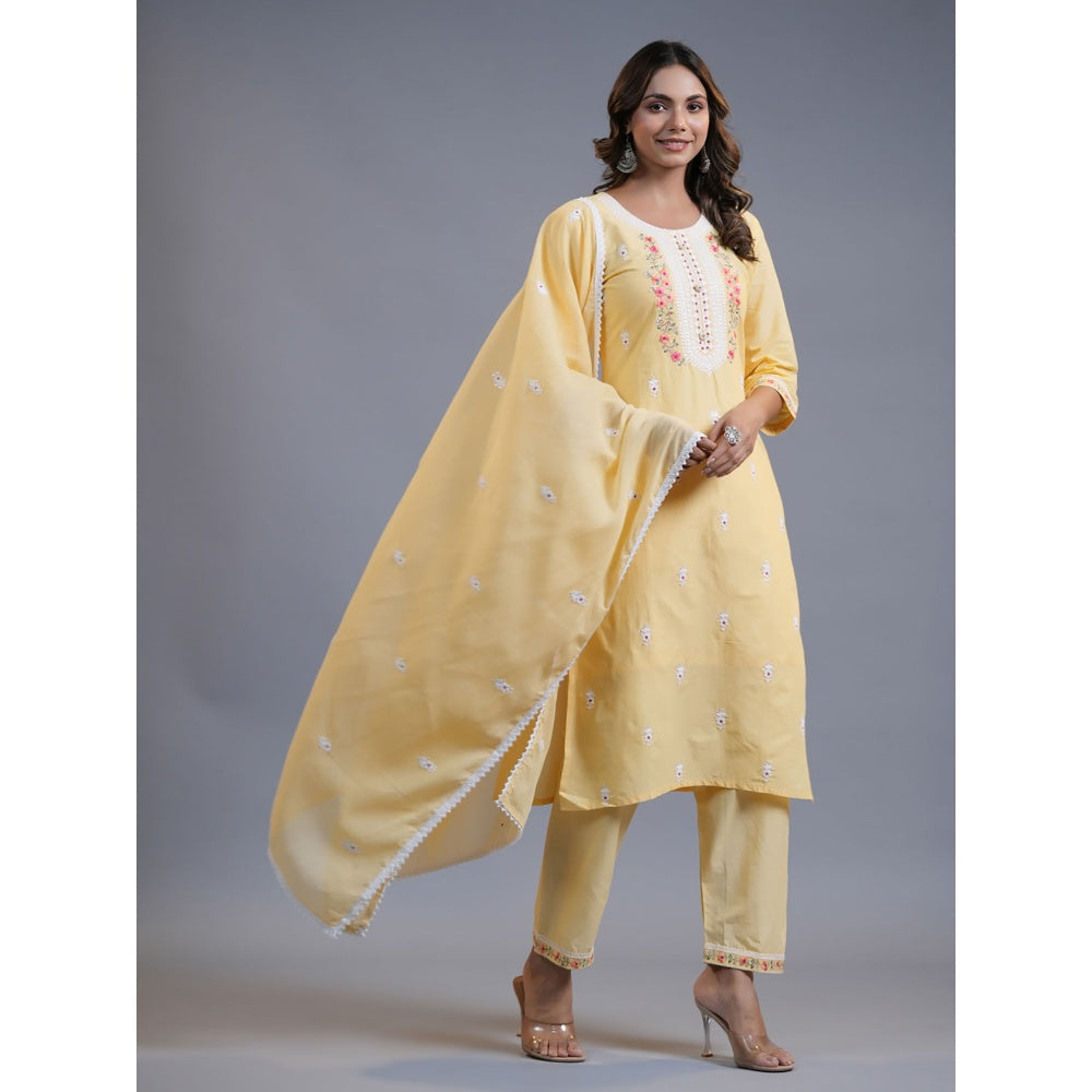 Yufta Women Yellow Embroidery Straight Kurta Pant And Dupatta (Set of 3)