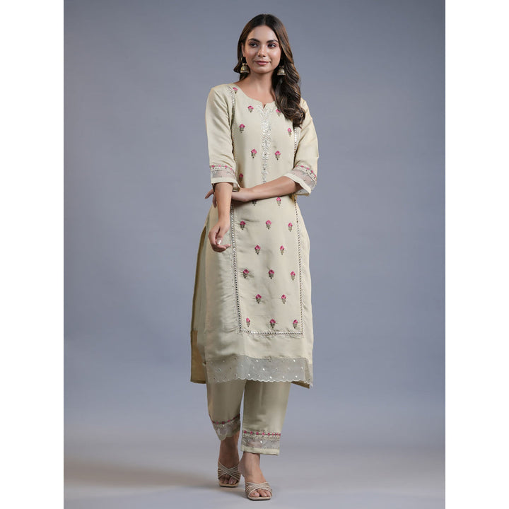 Yufta Women Olive Green Embroidered Straight Kurta Pant And Dupatta (Set of 3)